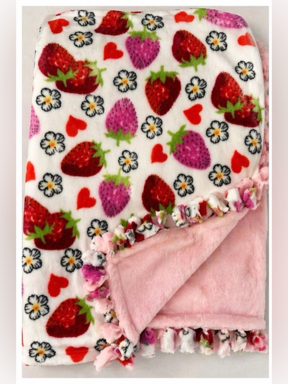 Homemade Strawberry Heart Plush Throw Blanket - Pink & White